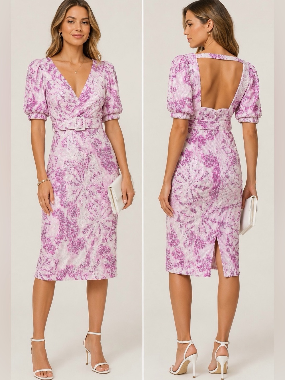 Badgley Mishka Elegant Puff Sleeve Belted Sequin Midi Dress Pink Purple Size 2